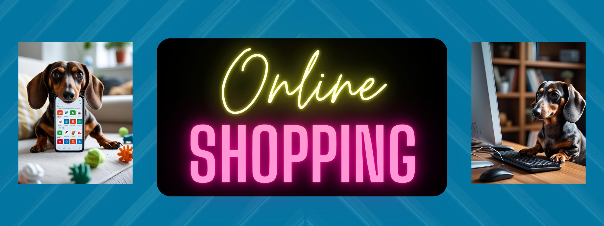 Page Title "Online Shopping" showing an AI dachshund holding a cell phone in his mouth and an AI dachshund typing on a computer
